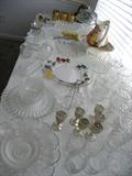 Table Full of pressed glassware, Wine glasses, Whitehall Glass/Pitcher,
Gold/Green Bar Glasses, etc... etc...