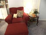 Large upholstered chairs with matching ottoman,, several end tables, lamps, etc.... A few vintage pottery pieces....