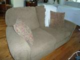 Upholstered Love seat, Large Dark Pine w/wrought iron Coffee Table, Several chairs, accessories, TV, etc., etc.