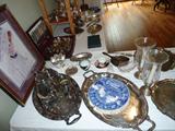 Assorted silver-plated trays & some sterling items, glassware, sugar/creamer, etc...
Silver Service belonged to Mattie Anderson Hayes....