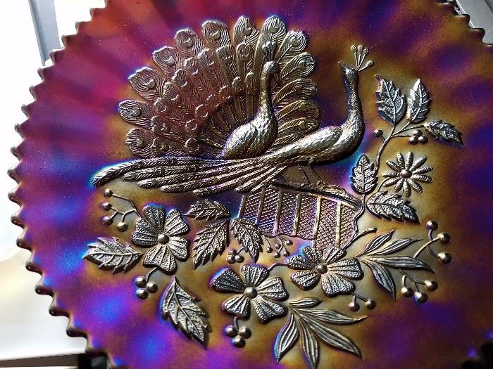 northwood peacock on fence amethyst carnival glass plate
