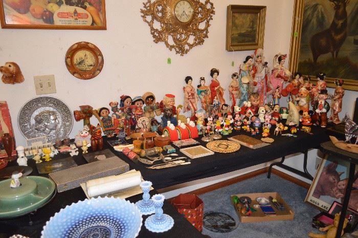 Chinese dolls, old Disney, Hob Nob Fenton, clocks, pictures