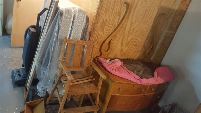 Beautiful dresser with Harp mirror, Wooden rocker, folding bed and vac