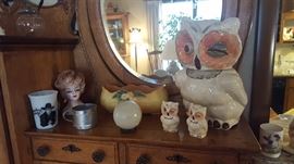 Shawnee Owl cookie jar plus salt and pepper, head vases, Roseville, Roy Rogers cups