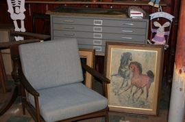 Chair, Art and Metal Storage Cabinet (Long Drawers)