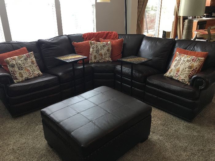 3 piece brown leather sectional with 2 storage ottomans