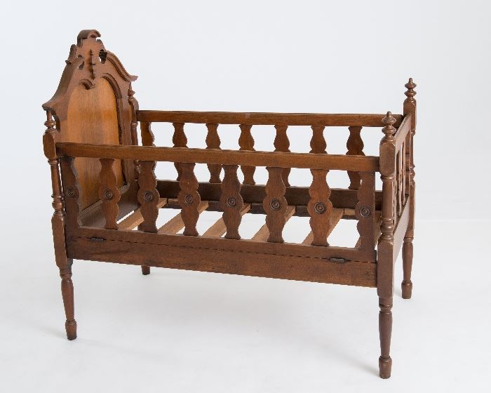 Antique, Walnut, Victorian Baby Cradle.  Mattress included.  This antique walnut spindle cradle is absolutely adorable. The mattress has been custom made to fit the cradle and has never been used.