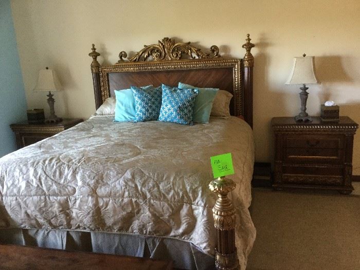  gorgeous 18th century style California king bedroom suite includes headboard footboard nightstands box springs and mattress $475