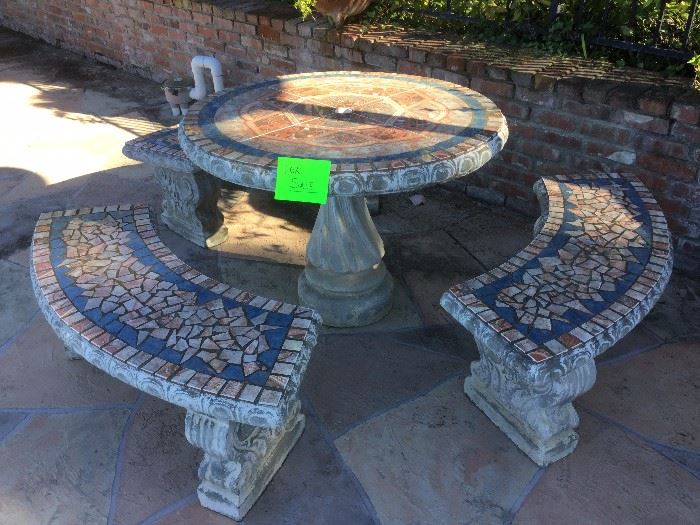  cement patio table and three benches $145