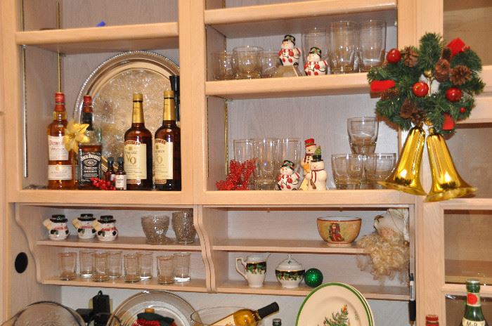 Glassware sets and a fun collection of Christmas salt and pepper shakers including Fitz and Floyd and vintage Lefton