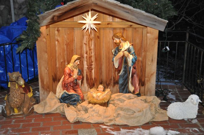 Amazing 7 piece Nativity scene from Bronners with wonderful large wooden manger