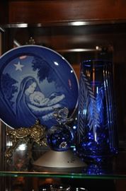 Swarovski dove, gorgeous cobalt vase and Christmas collector plate by B & G