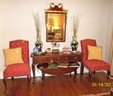 Pennsylvania House sofa table and coffee table; fabulous designer mirror; beautiful pair of side chairs (individually priced, of course); matching tall crane urns; Fitz and Floyd side-saddle horsewoman; Mottahedeh trinket box; many coffee table books!