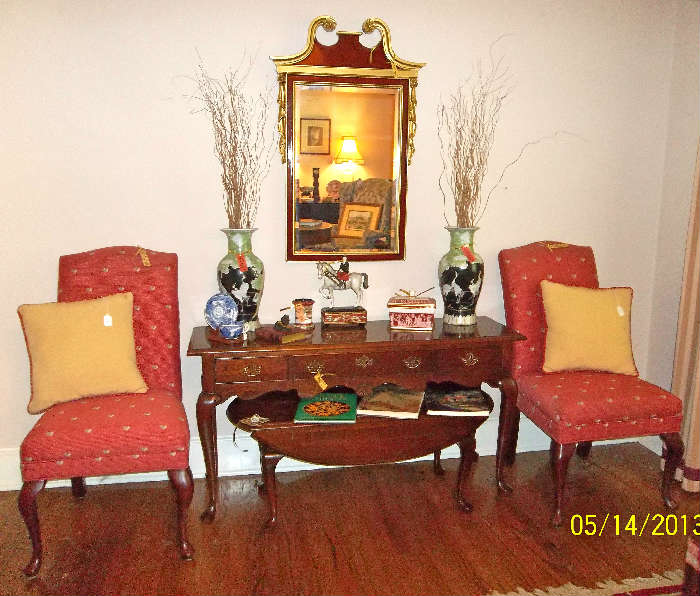 Pennsylvania House sofa table and coffee table;  fabulous designer mirror; beautiful pair of side chairs (individually priced, of course); matching tall crane urns; Fitz and Floyd side-saddle horsewoman; Mottahedeh trinket box; many coffee table books!