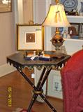 Most unusual hexagonal metal Tole table with tripod legs; beautiful occasional lamp.