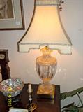 Closeup of lovely crystal lamp (one of a pair) with custom-crafted silk shade - heavy!