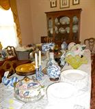 A view down the sea of blue and white decor to the china cabinet of the Bassett dining room suite. Table has three leaves and could seat ten!