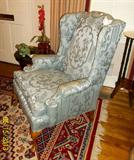 What a dream! Terrific Wing chair covered in heavy Scalamandre' fabric!! Color is a bit deeper than picture indicates.