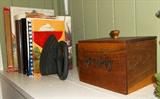 Cookbooks, unusual sad iron and nice sized recipe box.