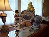 Clever Fox card holder! Nice lacework milk glass fruit bowl with fruit, accent pieces and lovely lamp (see closeup below).