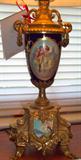 Lamp closeup....notice the beautiful paintings on body and on lower cartouche! Very nice! Silk shade included.