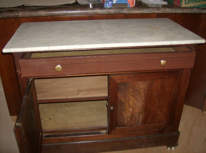 Antique Walnut Side Cabinet, marble top, burled wood doors,  one drawer, doors opening  to storage space 