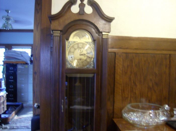 Stineway Tall clock   Crystal punch set showing at right 