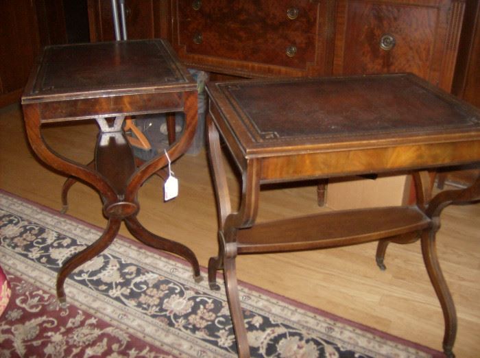 Pair leather inlay French iside tables 