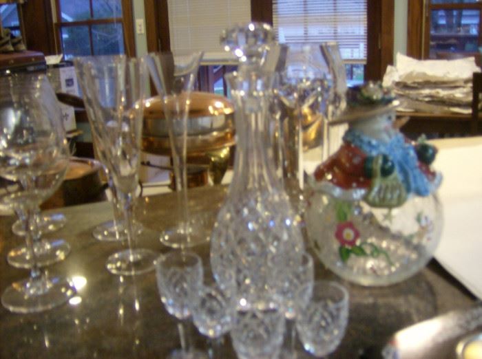 Crystal decanter and glasses   More wine glasses,   A Santa  cookie jar 