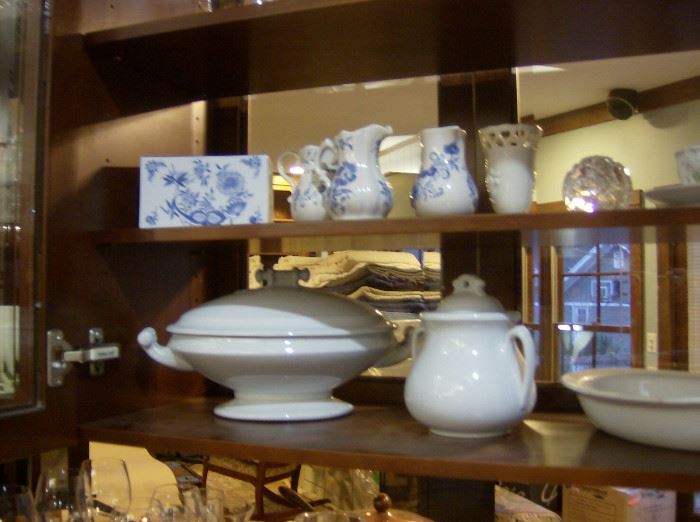 Blue & white pieces, a flower arranger, Lenox vase White Ironstone Tureen  and more pieces. 