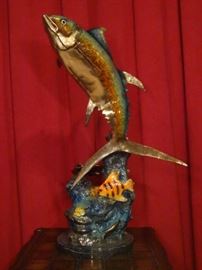LARGE PATINATED BRONZE SCULPTURE, TUNA AND CORAL, ON MARBLE BASE