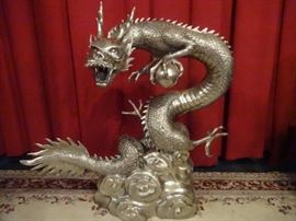 HUGE SILVER PATINATED CHINESE BRONZE DRAGON SCULPTURE, 43" TALL, CAN BE USED AS FOUNTAIN