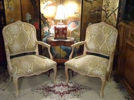 PAIR LOUIS XV STYLE ARMCHAIRS WITH LIGHT FINISH FRAMES