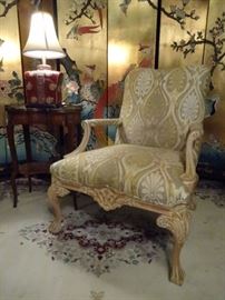 LOUIS XV STYLE ARMCHAIR WITH LIGHT FINISH WOOD FRAME