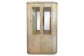 KARL SPRINGER LACQUERED GOATSKIN BAR OR DISPLAY CABINET WITH LIGHTED INTERIOR AND MIRROR