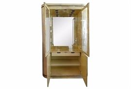 KARL SPRINGER LACQUERED GOATSKIN BAR OR DISPLAY CABINET WITH LIGHTED INTERIOR AND MIRROR