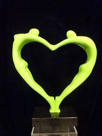 LARGE LOVERS SCULPTURE, LIME GREEN FIBERGLASS ON BLACK GRANITE BASE