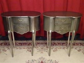 PAIR SILVER GILT WOOD LOUIS XV STYLE KIDNEY SHAPE TABLES, 2 DRAWERS EACH