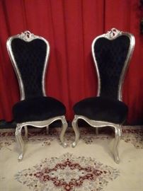 PAIR TALL BACK LOUIS XV STYLE SILVER GILT WOOD CHAIRS, BLACK VELVET UPHOLSTERY