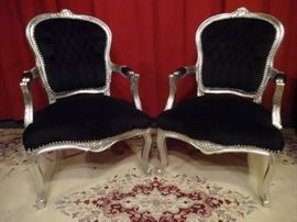 LOUIS XV STYLE SILVER GILT WOOD ARMCHAIRS, BLACK VELVET UPHOLSTERY