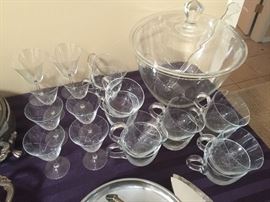 Vintage Punch bowl and cups and matching stemware