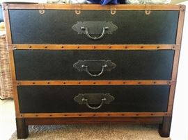 wooden/leather chest- striking piece measures: 35 x 16 x 30-- has small nickel size damage to top right corner