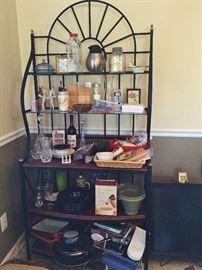 Bakers rack: 2 glass shelves and 3 wooden ones with rounded fronts measure: 38" x 16" x 8'h
