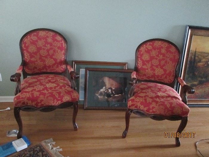Pair of French arm chairs & artwork