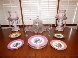 Porcelain lusters, Limoges plates, crystal punch bowl set with lid & ladle