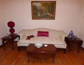 Chippendale camel back sofa, Queen Anne end tables & drop side coffee table, original oil painting, red glass Gone With the Wind lamp 