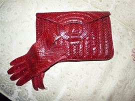Vintage eel skin clutch purse, matching gloves 