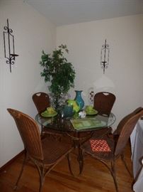 Wicket & glass top table with 4 chairs, Fiesta pottery dishes& ball pitcher