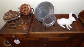 Antique copper food molds, pewter, cast iron rabbit