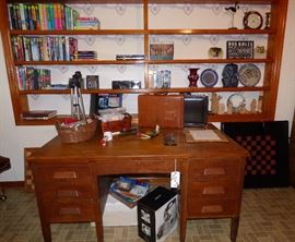 Vintage oak office desk, vintage leather briefcases